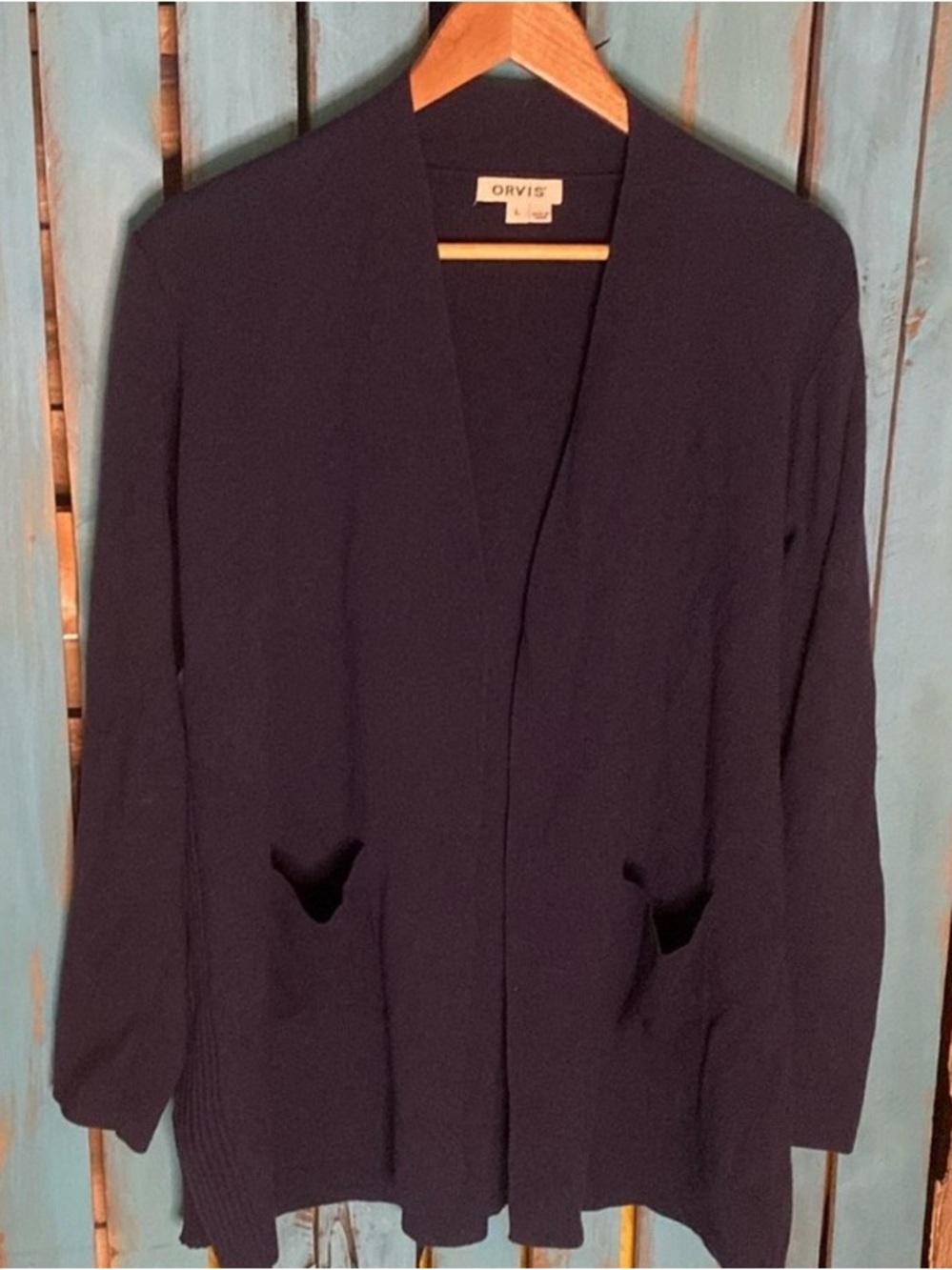 Orvis navy blue open front cardigan sweater with two waist pockets
